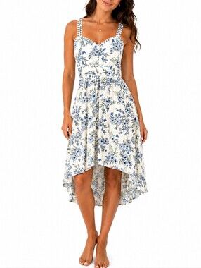 👚 White House Black Market Floral High Low Midi Dress White Blue Women's Small